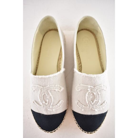 Chanel REV Beige Black Linen Canvas CC Logo Double Sole Espadrille Flat 37 RARE - Picture 8 of 12